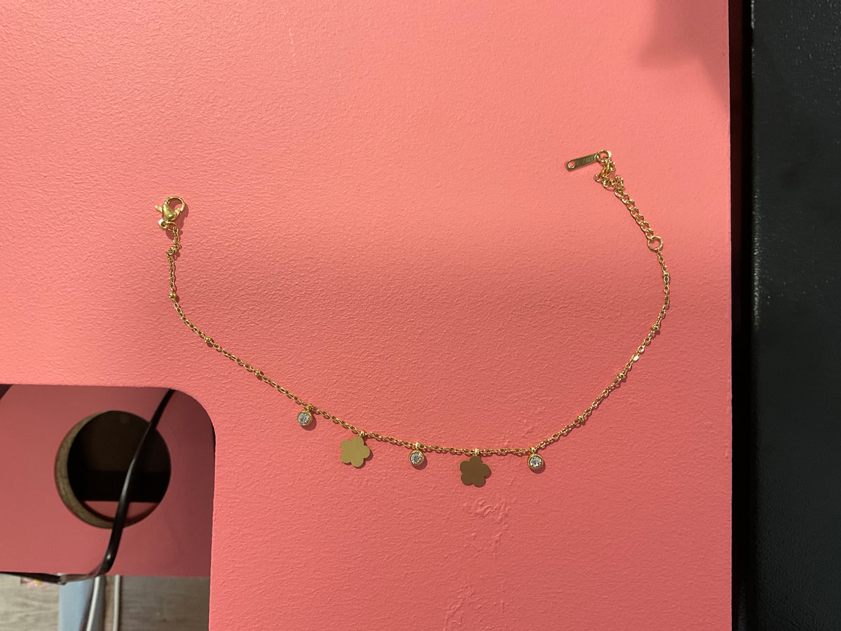 Chaîne de cheville doré fleur pleine et diamant